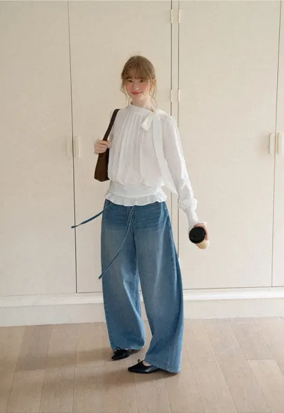 Pleated High Neck Bow Detail Blouse