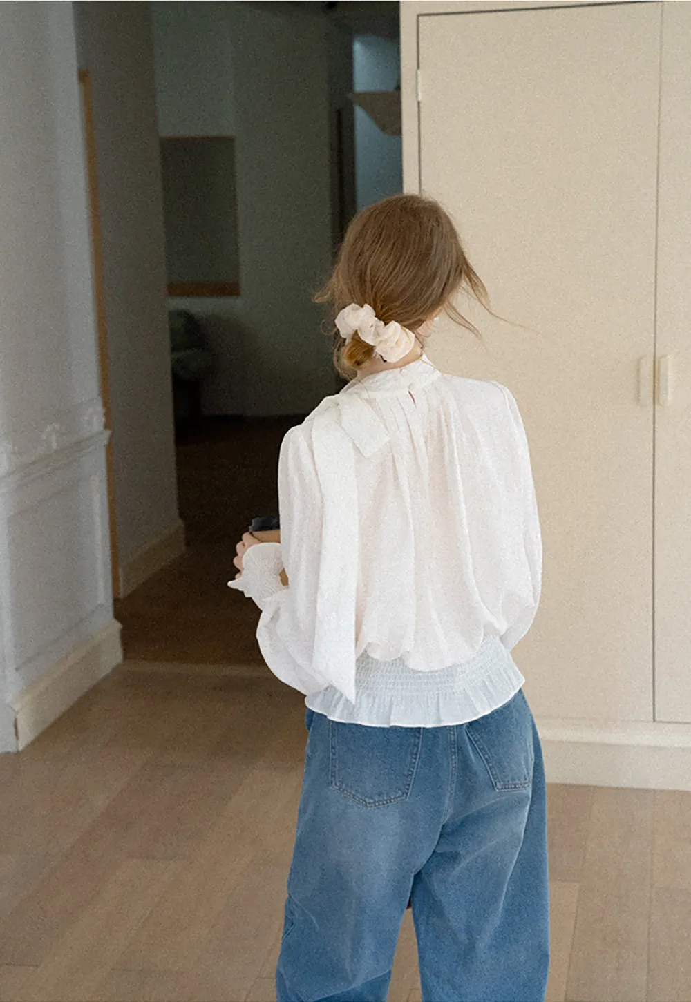 Pleated High Neck Bow Detail Blouse