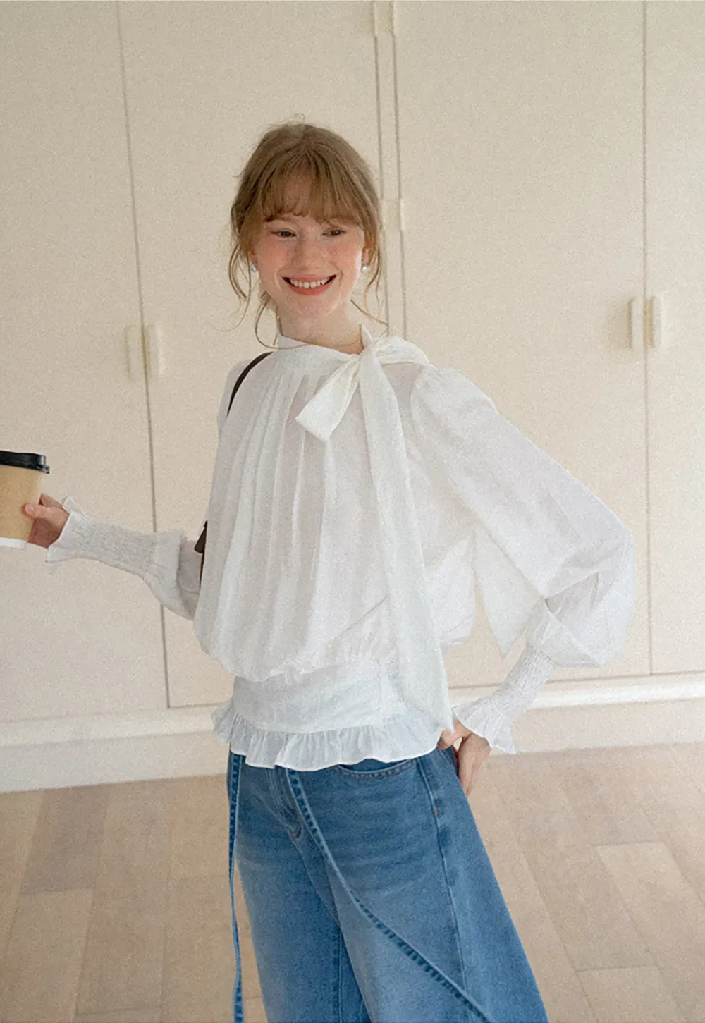 Pleated High Neck Bow Detail Blouse