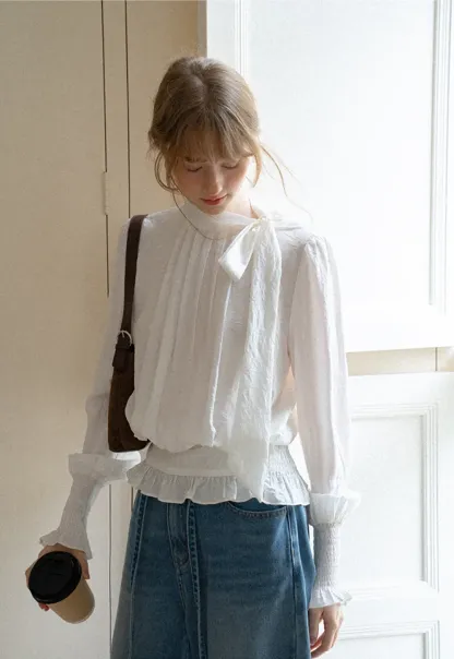 Pleated High Neck Bow Detail Blouse