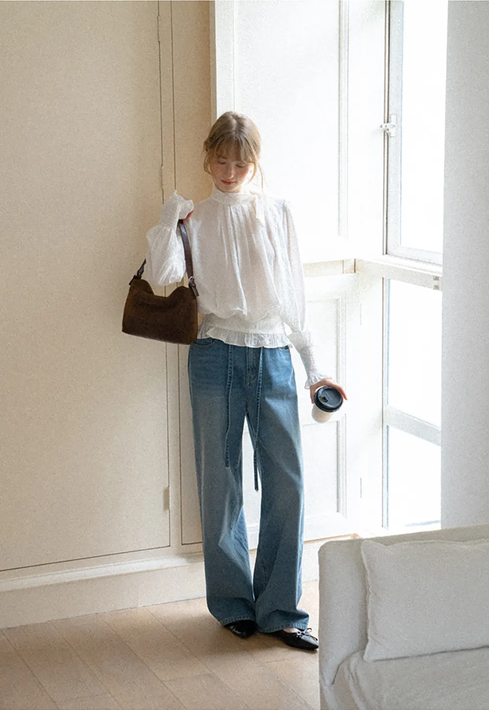 Pleated High Neck Bow Detail Blouse