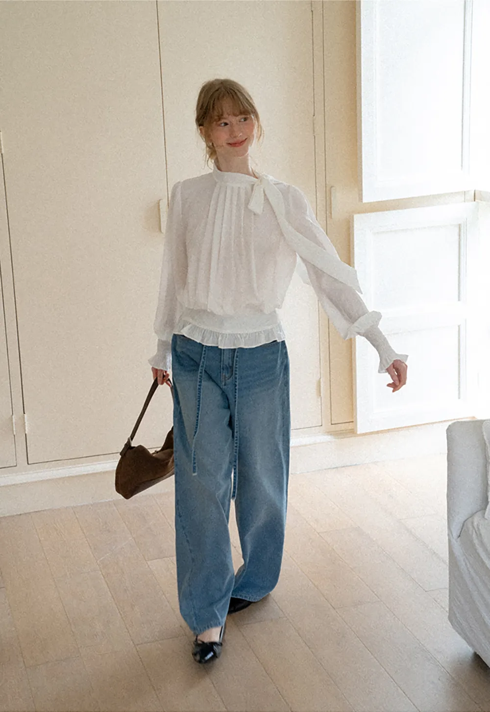 Pleated High Neck Bow Detail Blouse