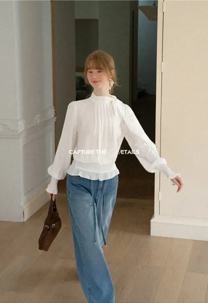 Pleated High Neck Bow Detail Blouse