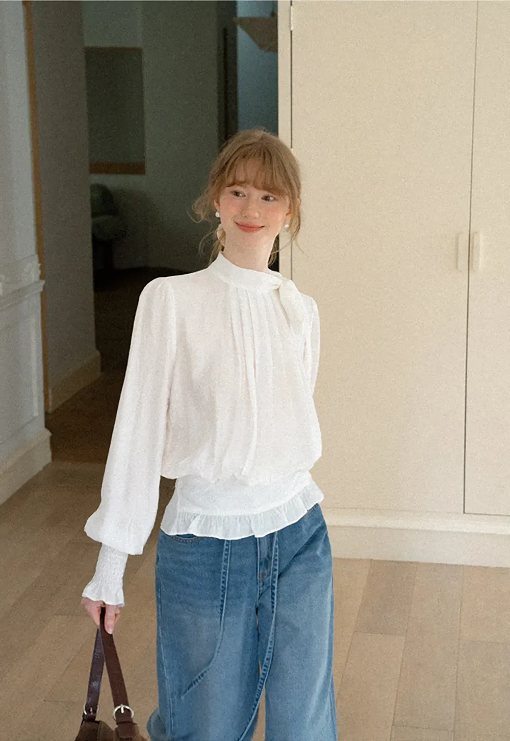 Pleated High Neck Bow Detail Blouse