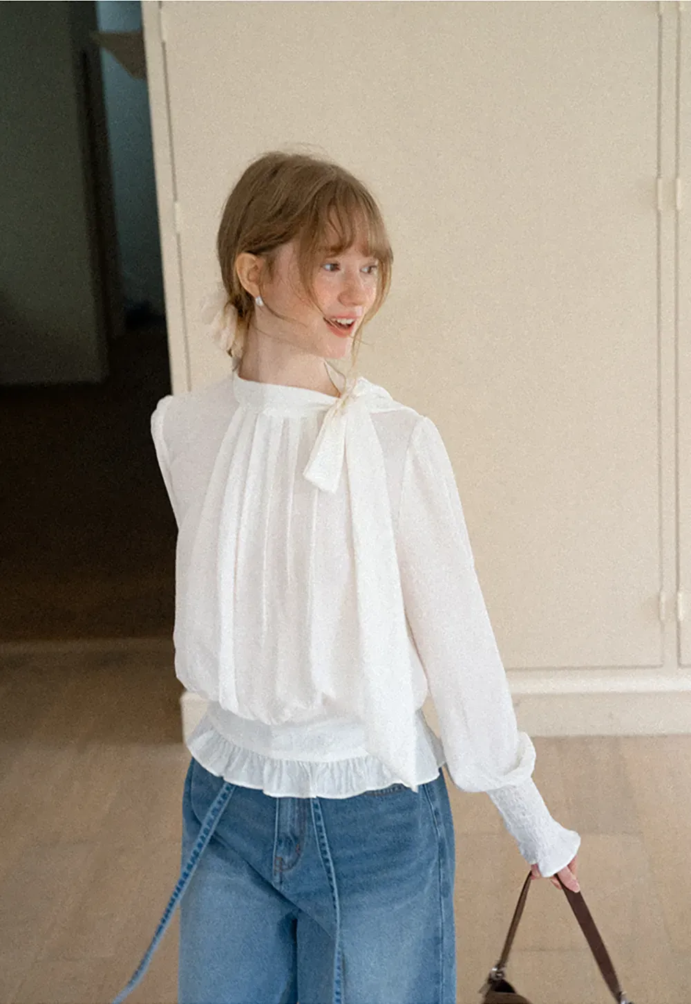 Pleated High Neck Bow Detail Blouse
