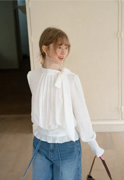 Pleated High Neck Bow Detail Blouse