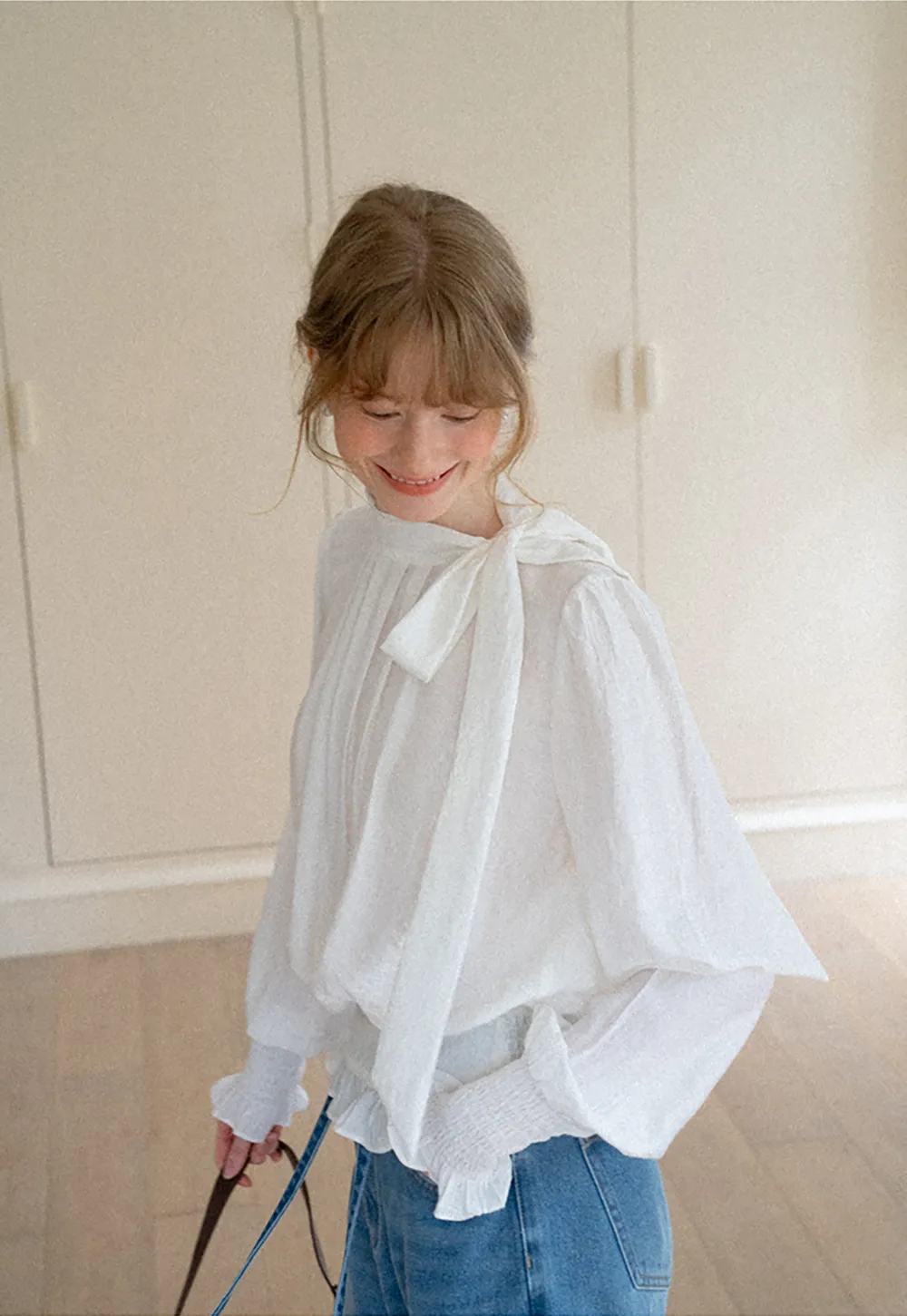 Pleated High Neck Bow Detail Blouse