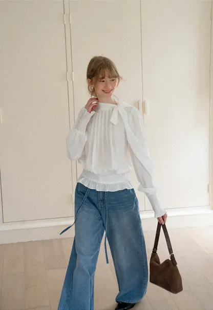 Pleated High Neck Bow Detail Blouse