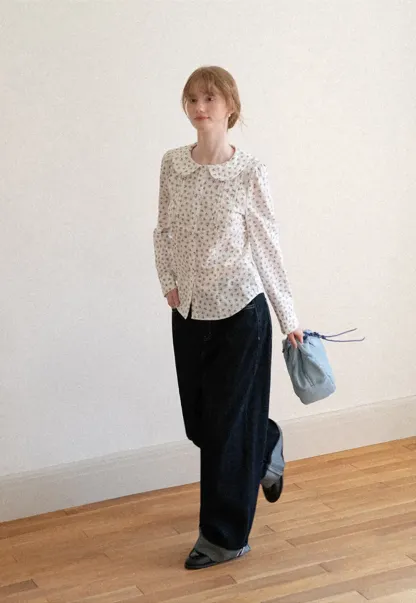 Peter Pan Collar Floral Print Pleated Shirt