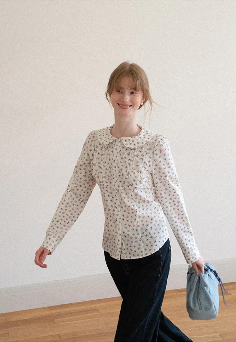 Peter Pan Collar Floral Print Pleated Shirt