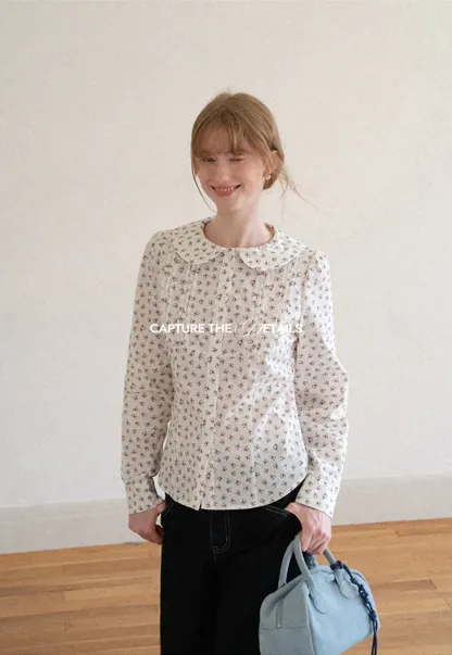 Peter Pan Collar Floral Print Pleated Shirt