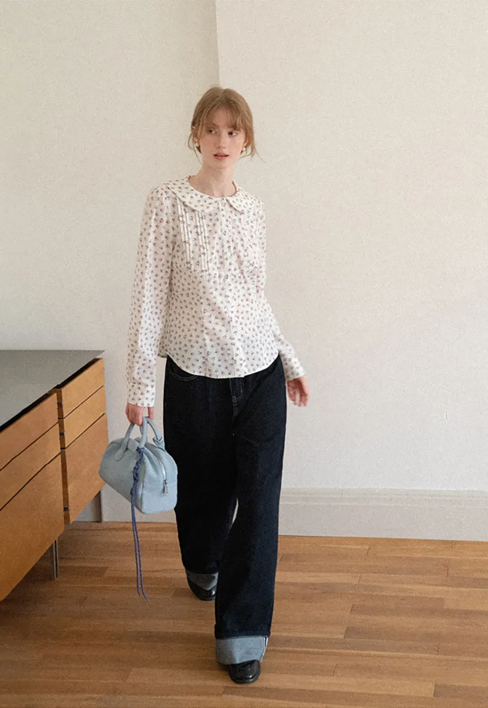 Peter Pan Collar Floral Print Pleated Shirt