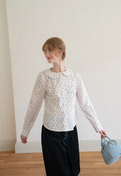 Peter Pan Collar Floral Print Pleated Shirt