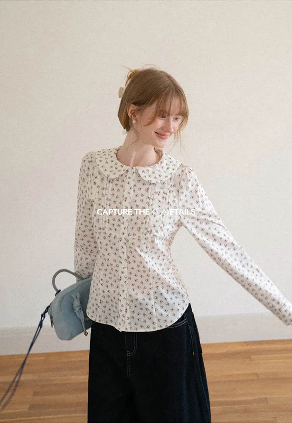 Peter Pan Collar Floral Print Pleated Shirt