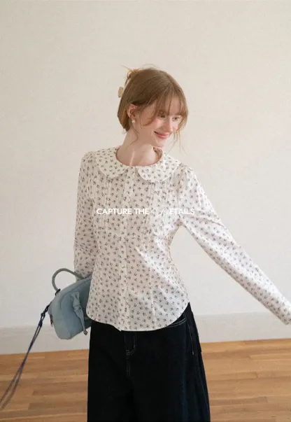 Peter Pan Collar Floral Print Pleated Shirt