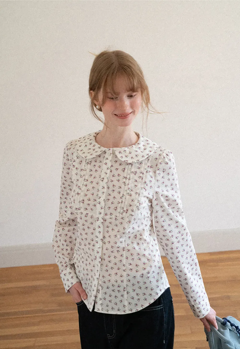 Peter Pan Collar Floral Print Pleated Shirt