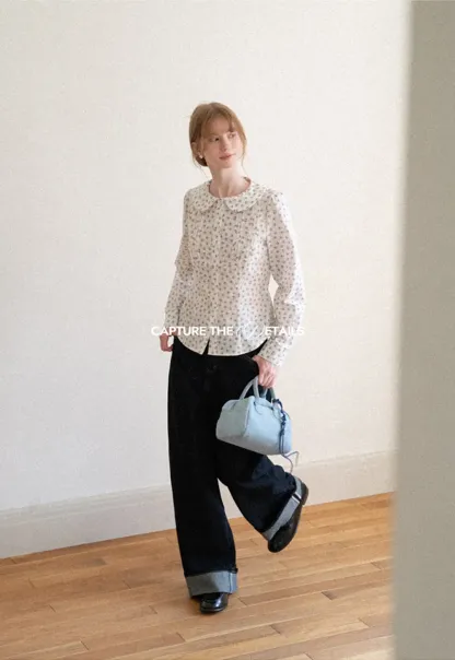 Peter Pan Collar Floral Print Pleated Shirt