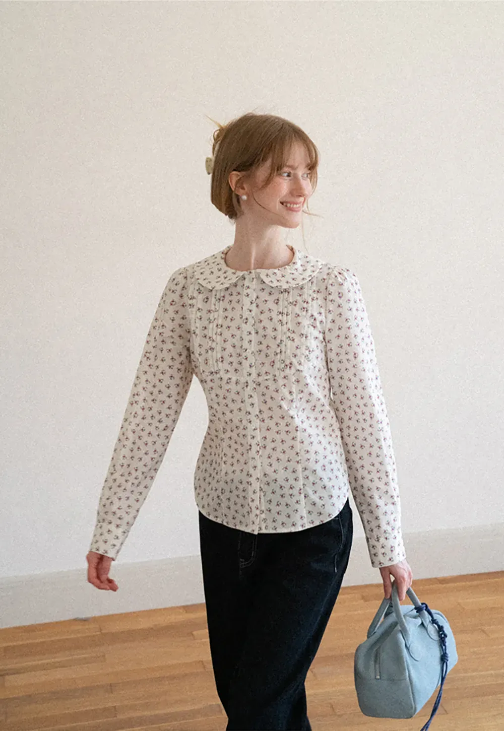 Peter Pan Collar Floral Print Pleated Shirt