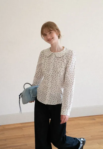 Peter Pan Collar Floral Print Pleated Shirt