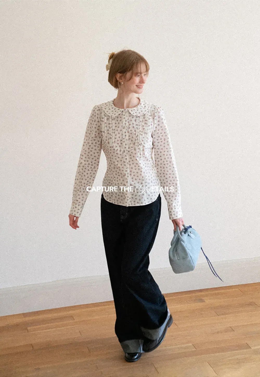 Peter Pan Collar Floral Print Pleated Shirt