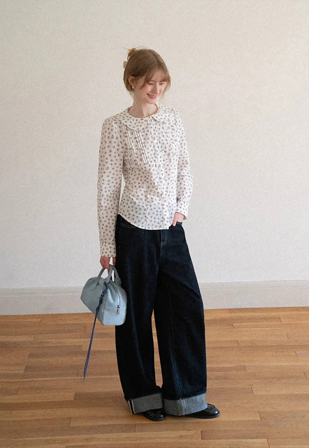 Peter Pan Collar Floral Print Pleated Shirt