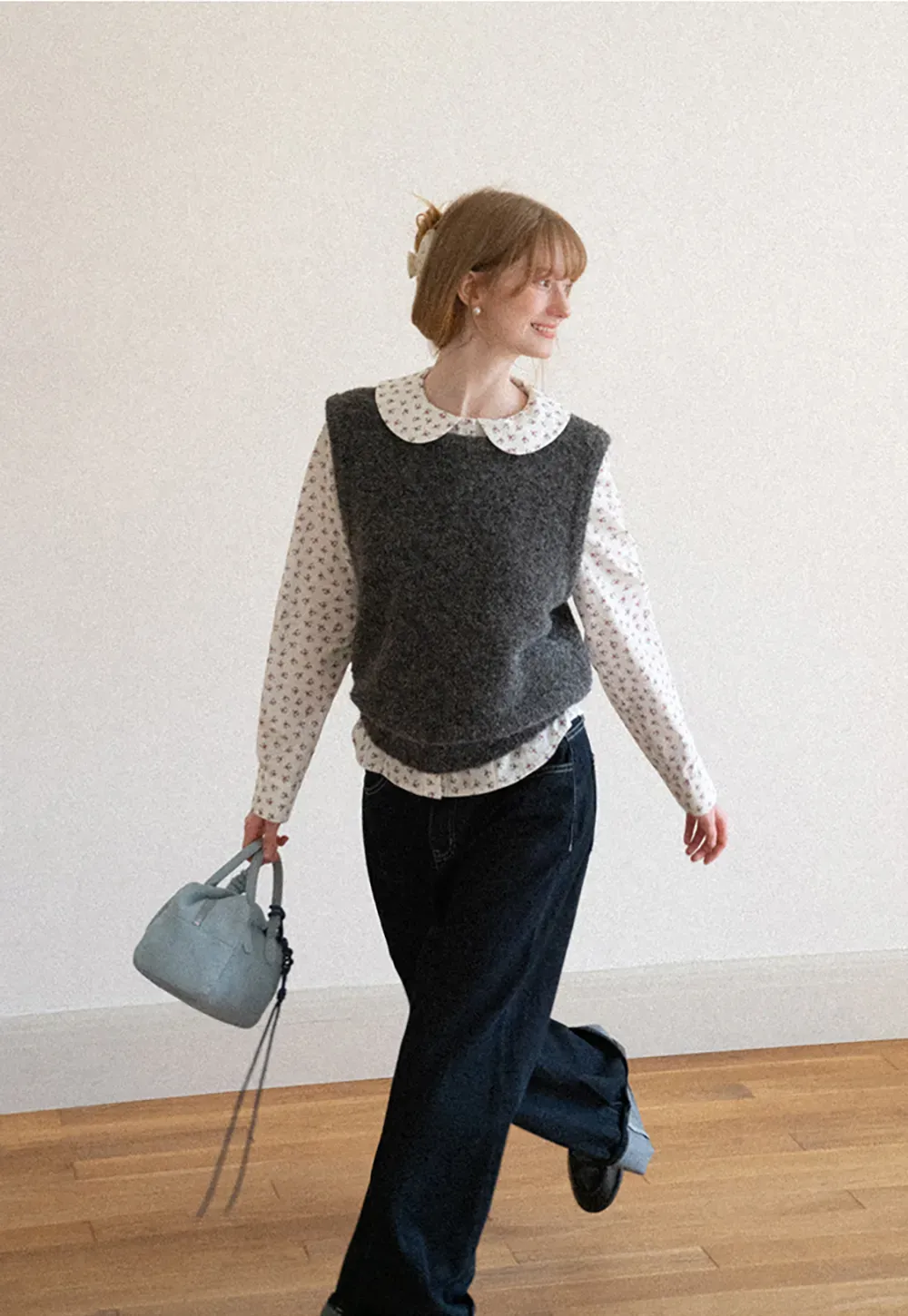 Peter Pan Collar Floral Print Pleated Shirt
