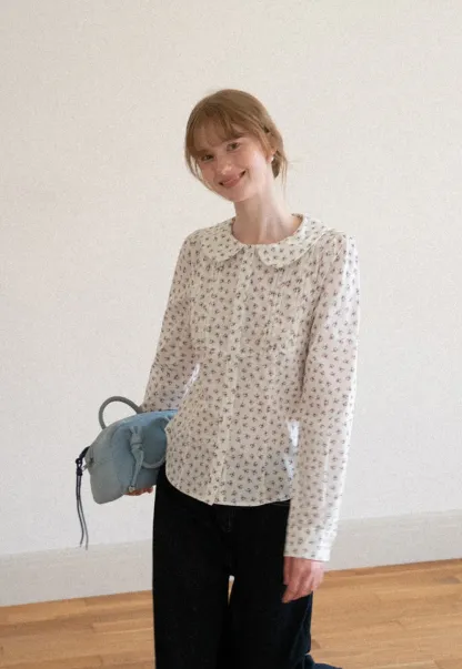 Peter Pan Collar Floral Print Pleated Shirt