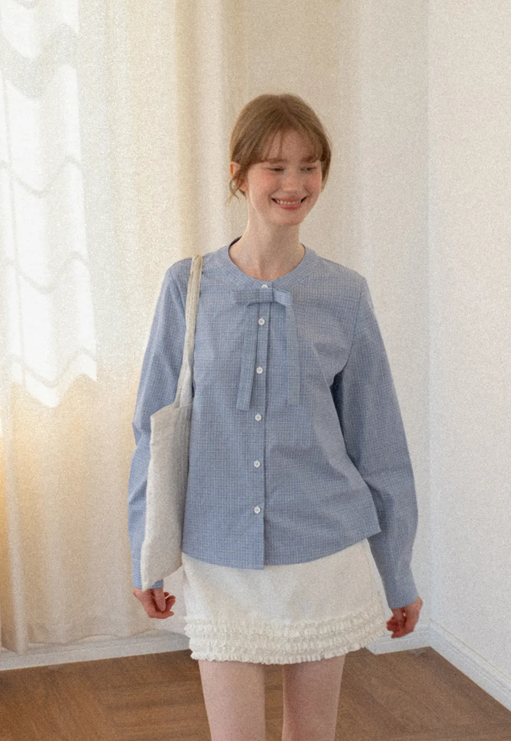 Button Front Shirt with Bow Collar and Grid Texture