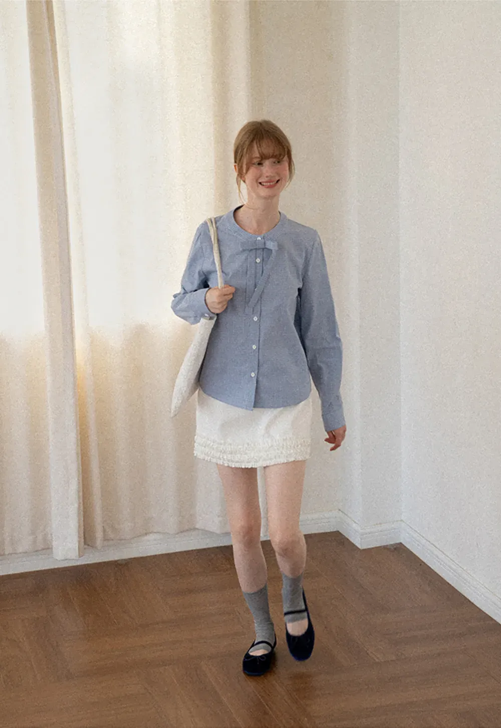 Button Front Shirt with Bow Collar and Grid Texture
