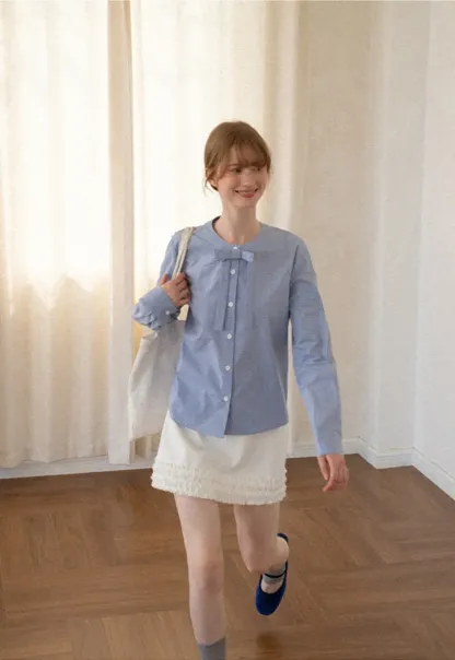 Button Front Shirt with Bow Collar and Grid Texture