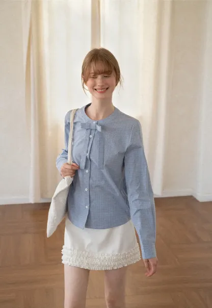 Button Front Shirt with Bow Collar and Grid Texture