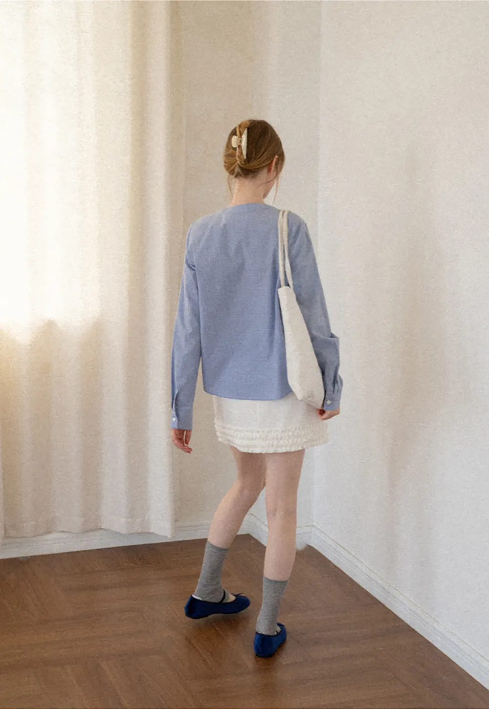 Button Front Shirt with Bow Collar and Grid Texture