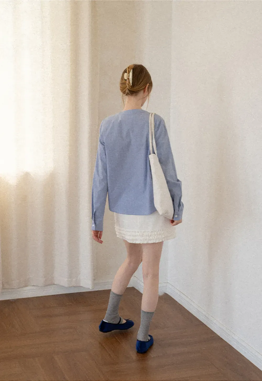 Button Front Shirt with Bow Collar and Grid Texture