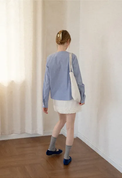 Button Front Shirt with Bow Collar and Grid Texture