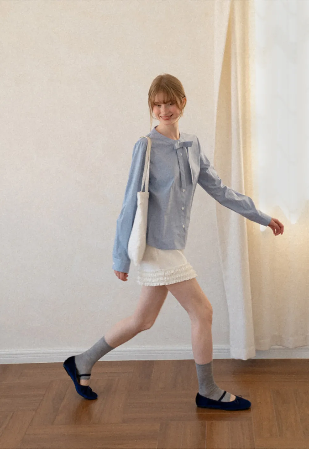 Button Front Shirt with Bow Collar and Grid Texture