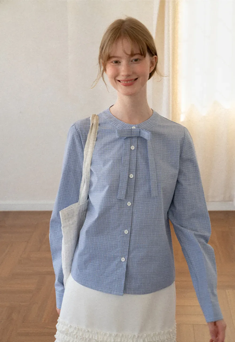 Button Front Shirt with Bow Collar and Grid Texture