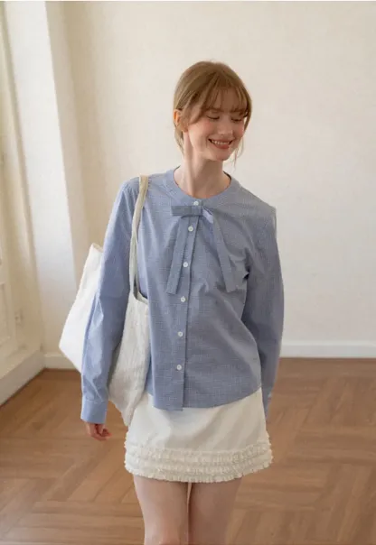 Button Front Shirt with Bow Collar and Grid Texture