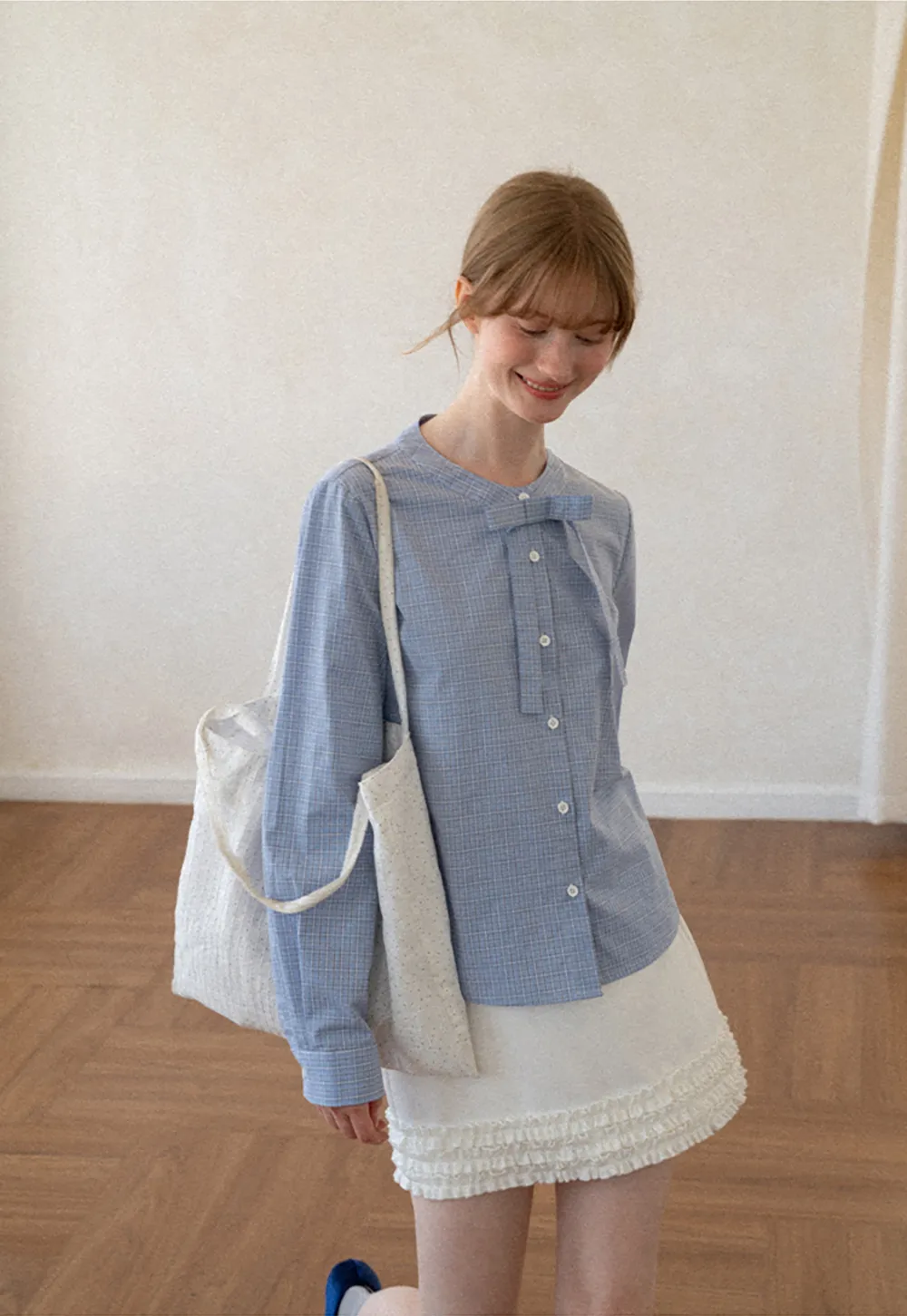 Button Front Shirt with Bow Collar and Grid Texture