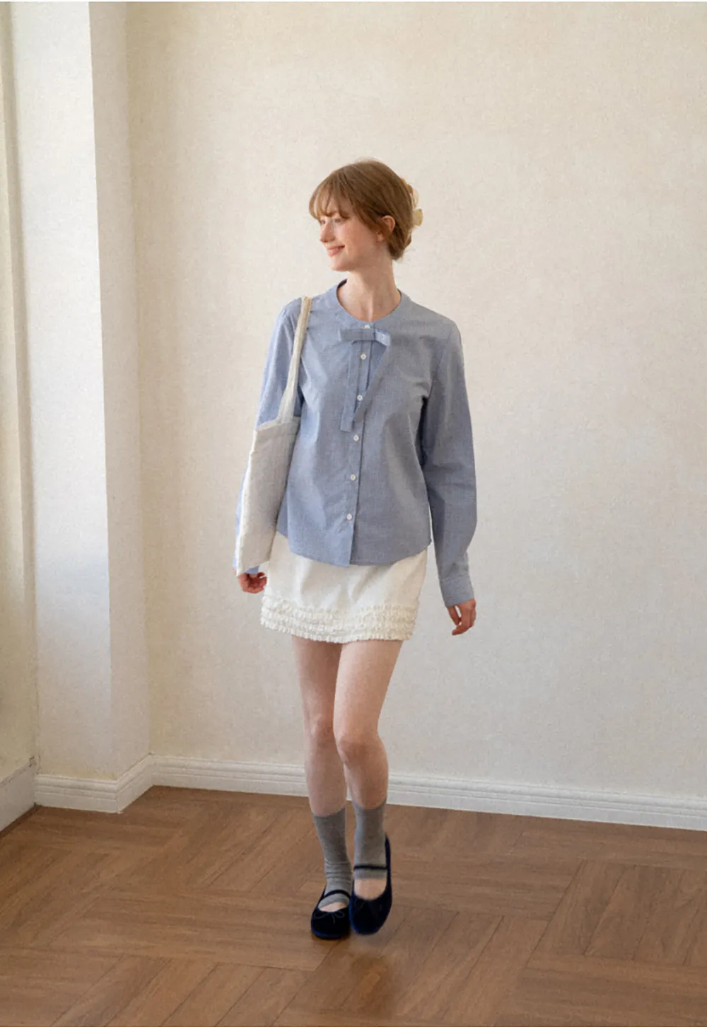 Button Front Shirt with Bow Collar and Grid Texture