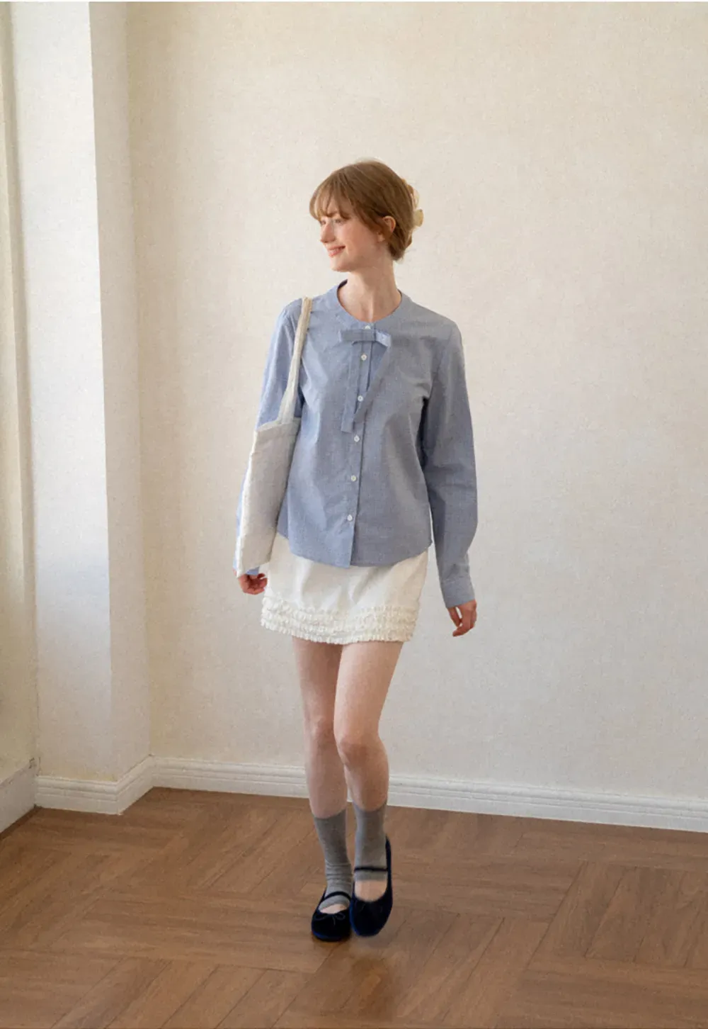 Button Front Shirt with Bow Collar and Grid Texture