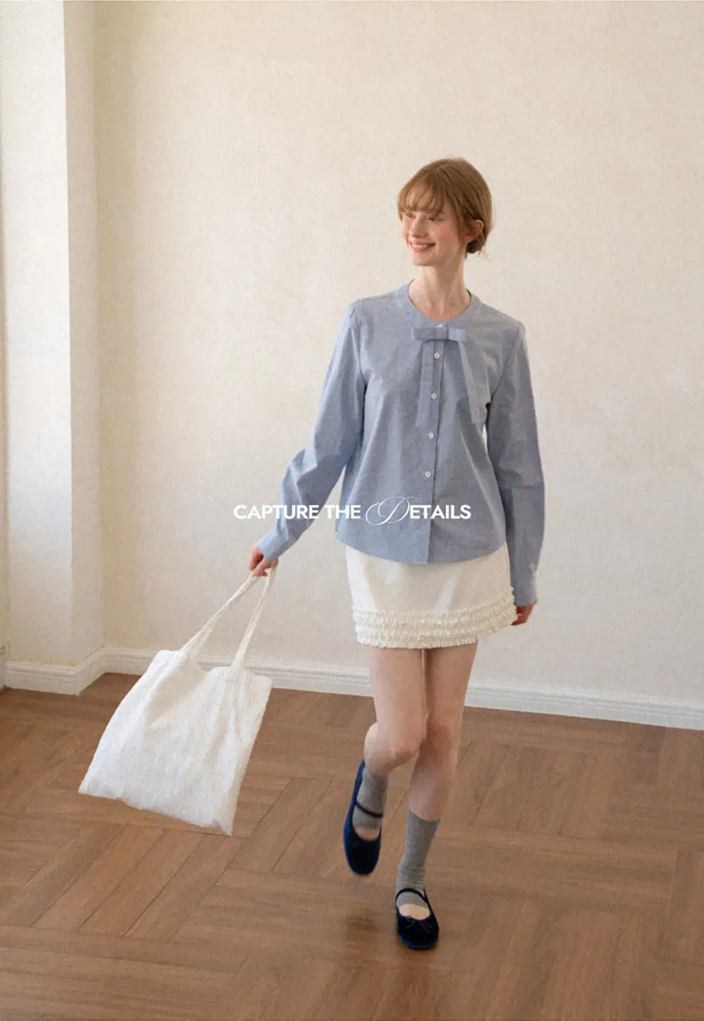 Button Front Shirt with Bow Collar and Grid Texture