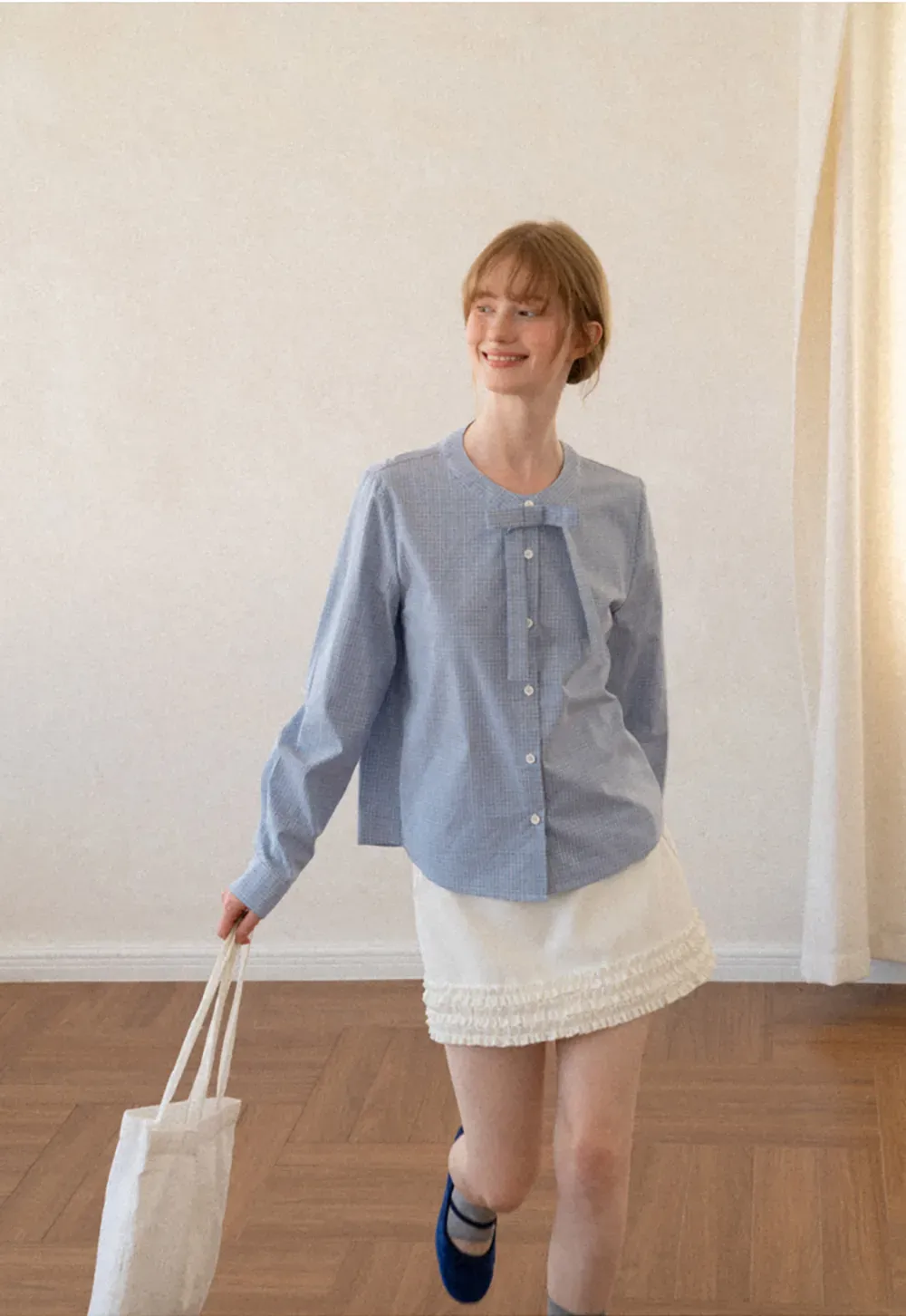 Button Front Shirt with Bow Collar and Grid Texture