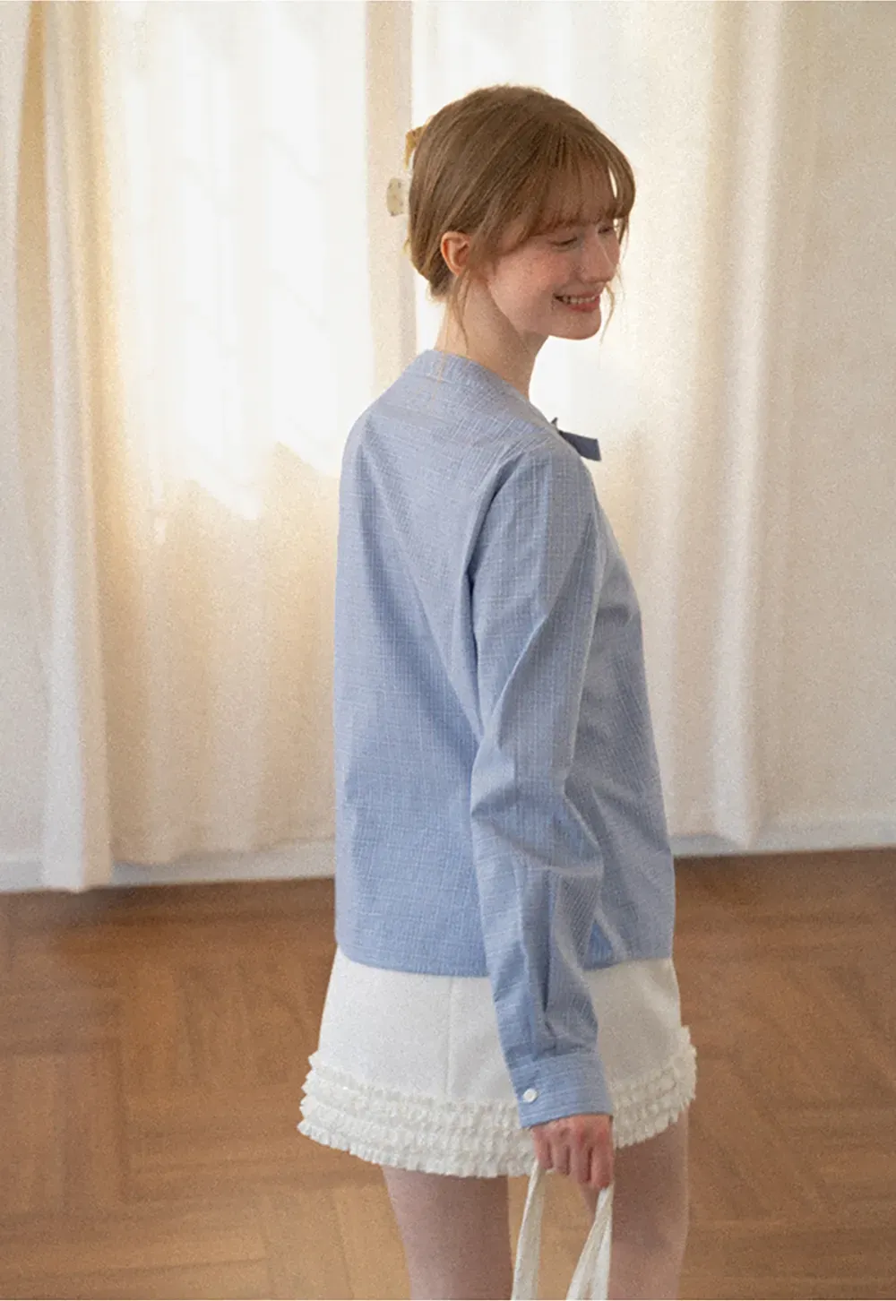 Button Front Shirt with Bow Collar and Grid Texture