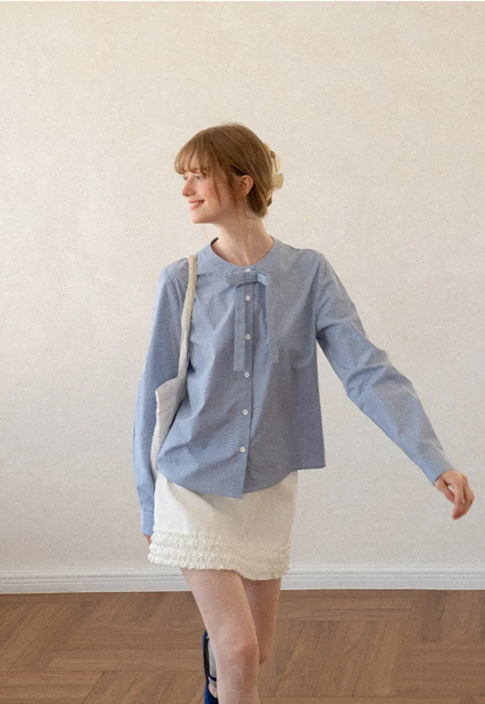 Button Front Shirt with Bow Collar and Grid Texture