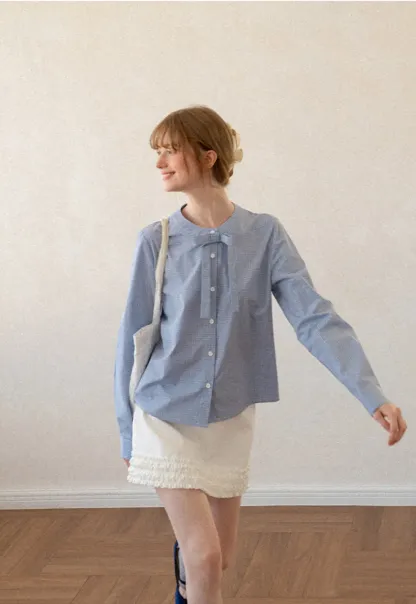 Button Front Shirt with Bow Collar and Grid Texture