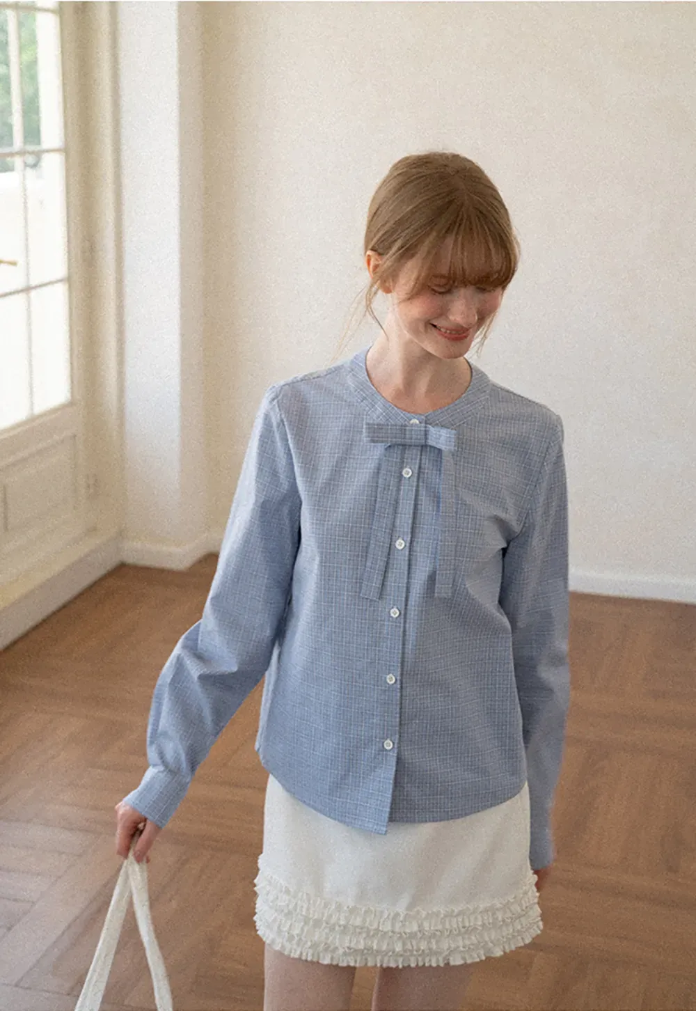 Button Front Shirt with Bow Collar and Grid Texture