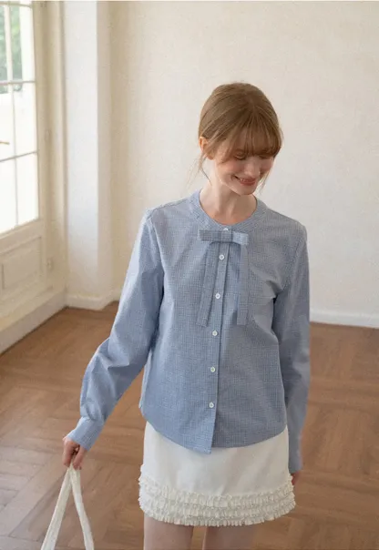 Button Front Shirt with Bow Collar and Grid Texture