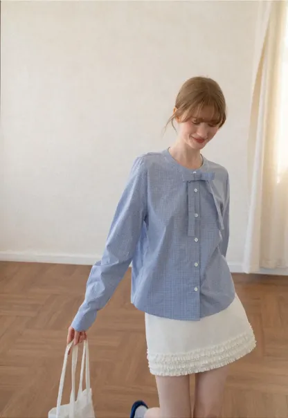 Button Front Shirt with Bow Collar and Grid Texture