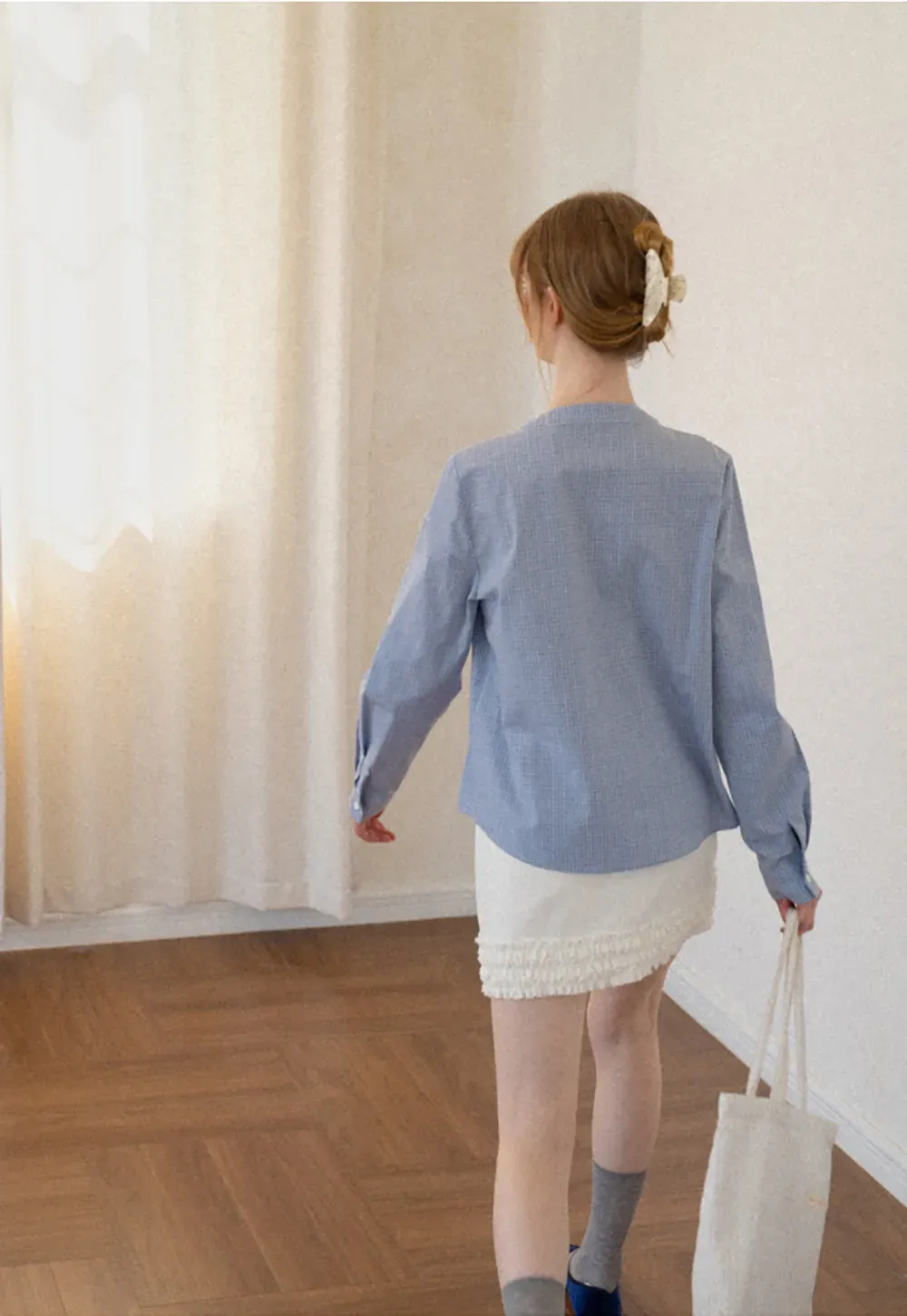 Button Front Shirt with Bow Collar and Grid Texture