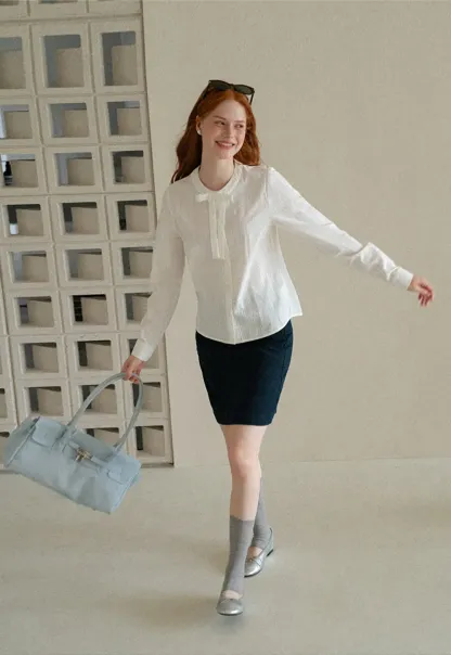 Button Front Shirt with Bow Collar and Grid Texture